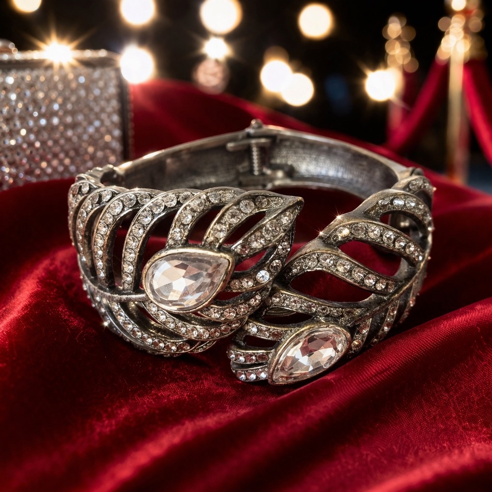 Vintage Silver Rhinestone Leaf Cuff Bracelet Statement Crystal Hinged
